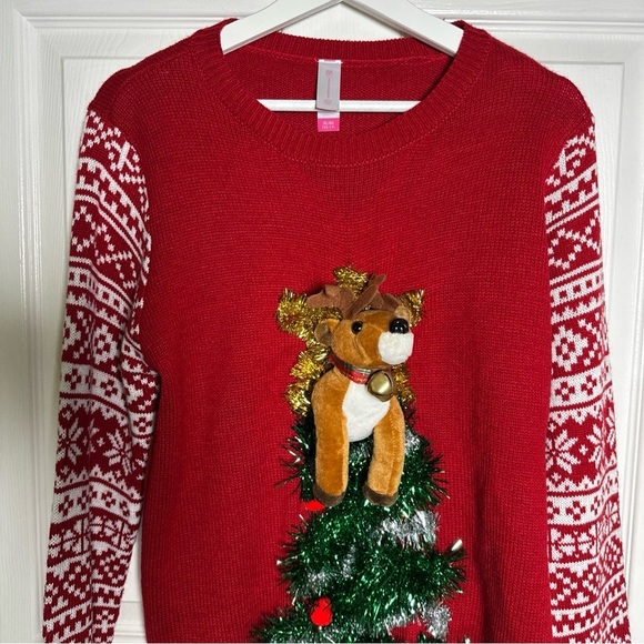 Ugly Christmas Sweater Juniors Womens 3D Pop Out Reindeer Tinsel Bell Medium - Picture 3 of 10